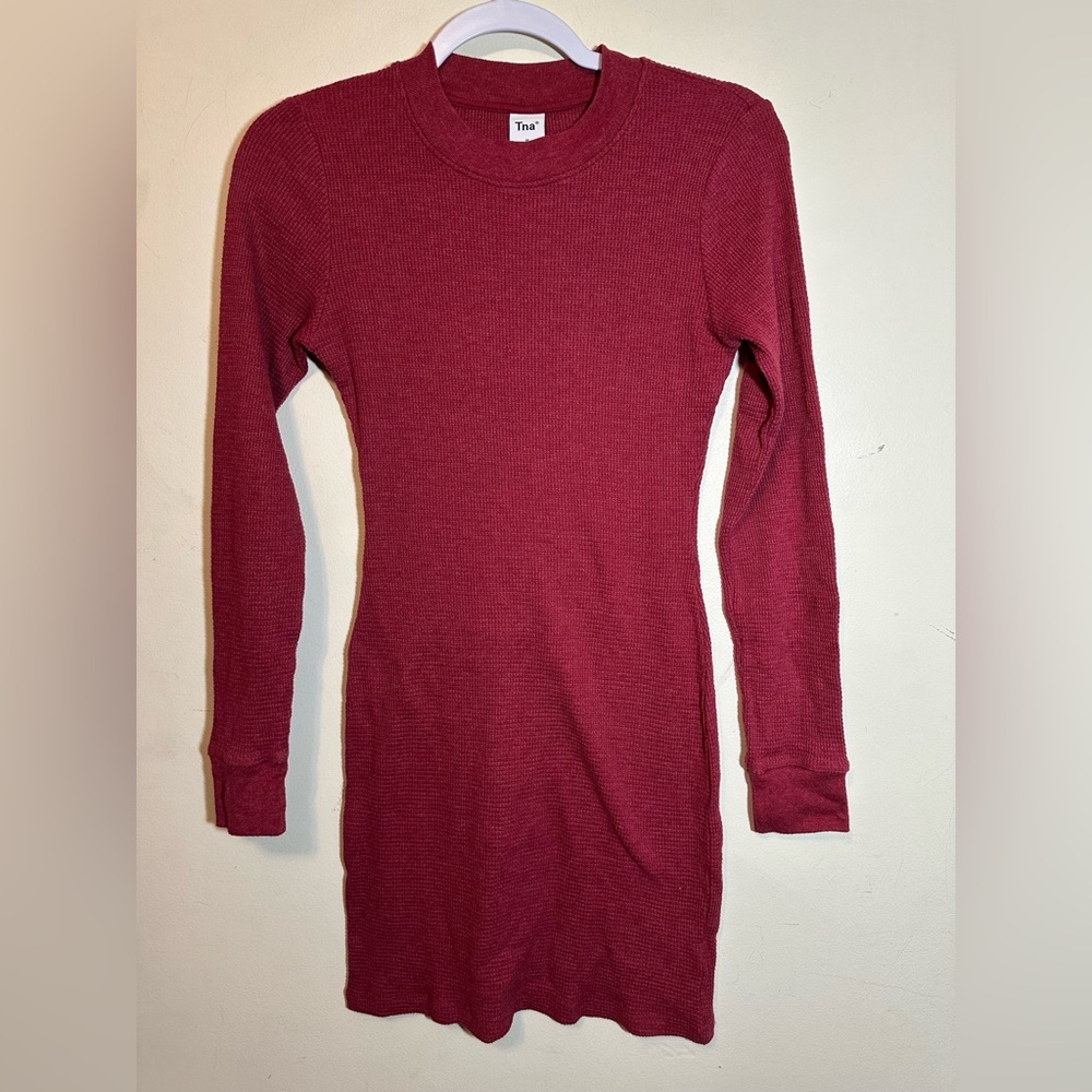 Aritzia TNA Red Long Sleeve‎ Waffle Knit Dress Size Medium Skater Designer